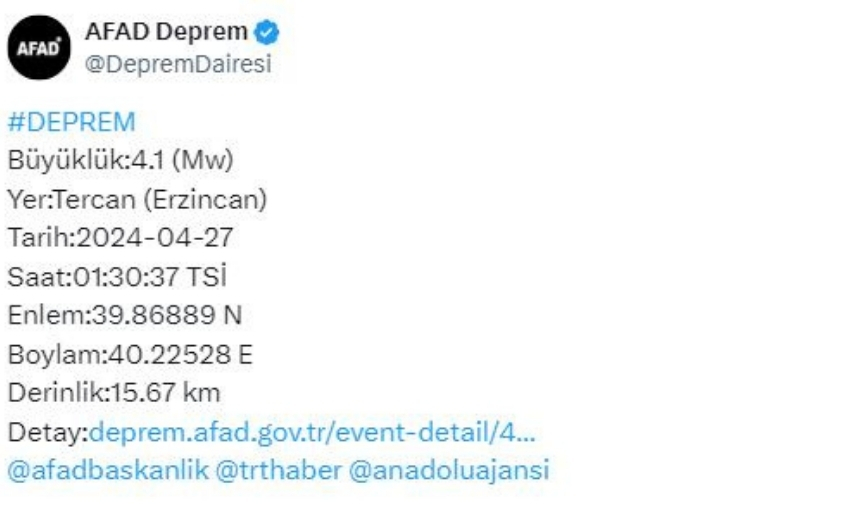 Erzincan'da 4.1 Şiddetinde Korkutan Deprem!